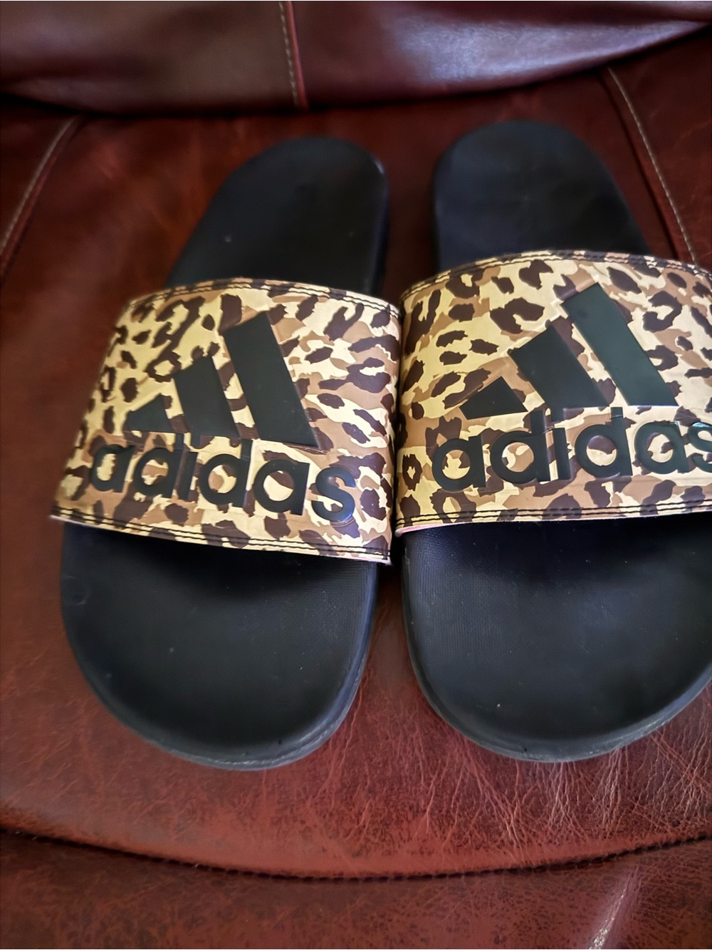 adidas Kids Leopard-Print Slide Sandals in Black and Brown